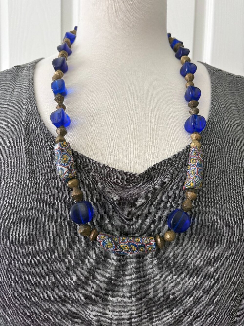 Vintage Handmade Venetian Millefiori Mosaic Glass Bead Necklace 28 Inches